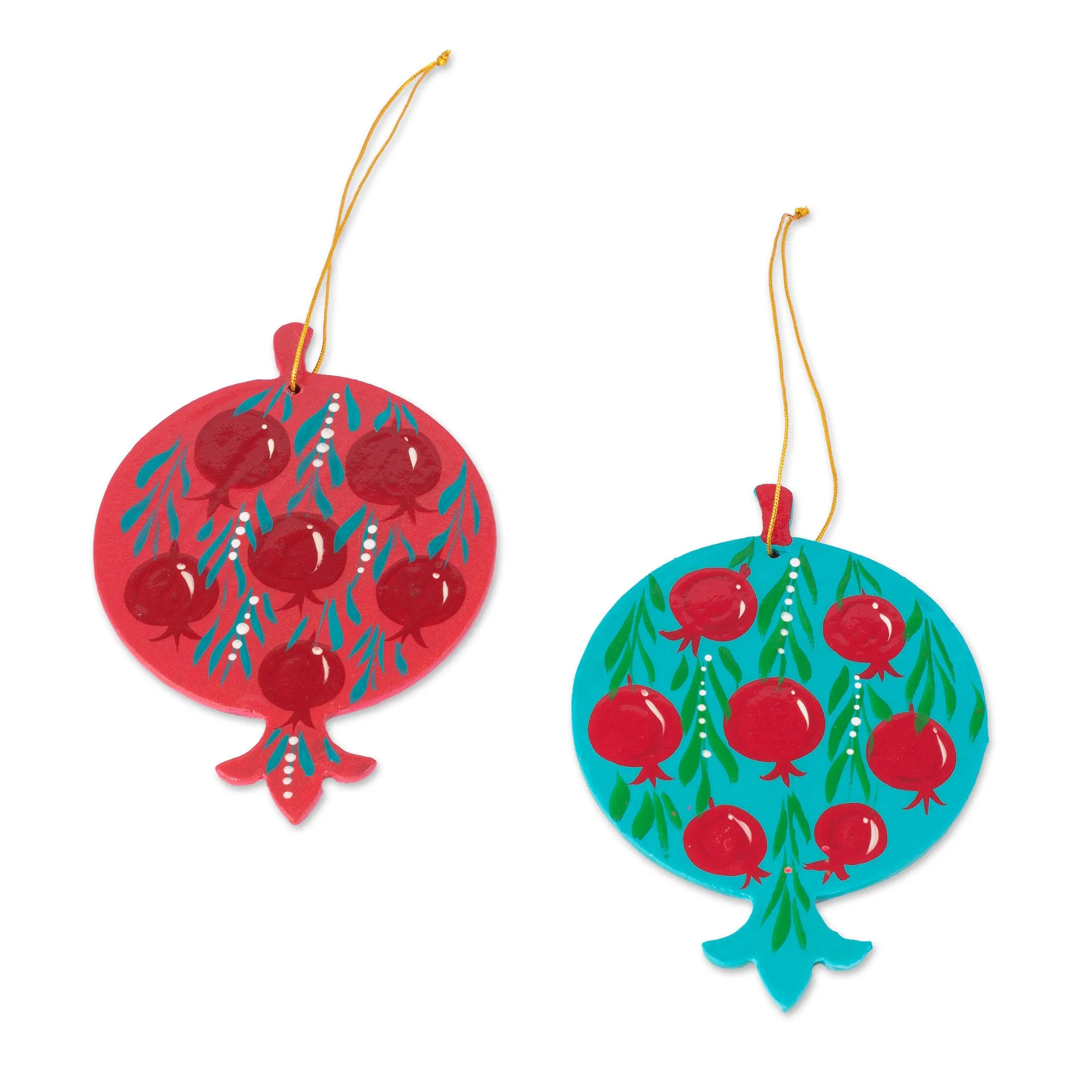 2 Lacquered Wood Pomegranate Ornaments Made in Uzbekistan - Stunning Pomegranates | NOVICA
