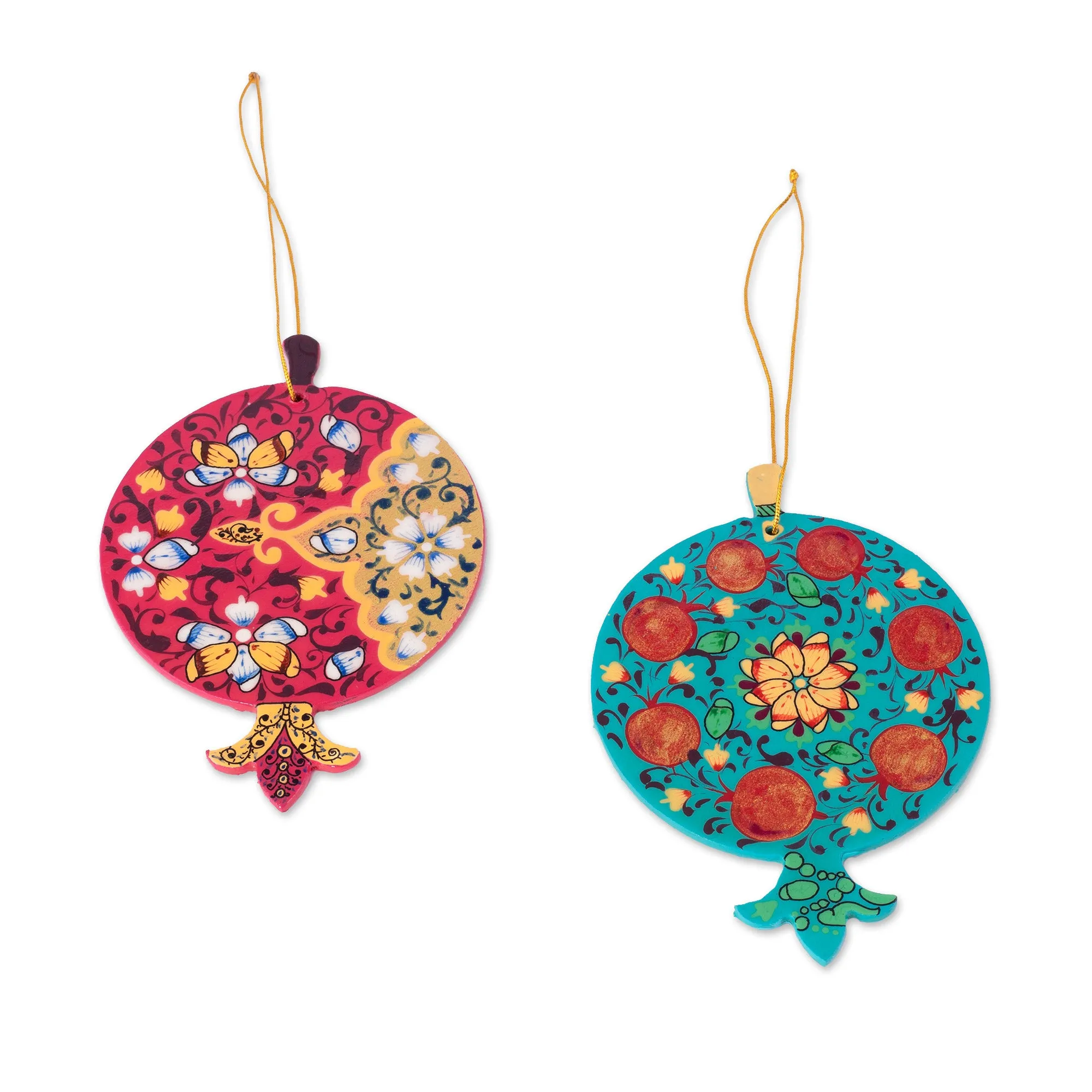 2 Lacquered Wood Pomegranate Ornaments Made in Uzbekistan - Stunning Pomegranates | NOVICA