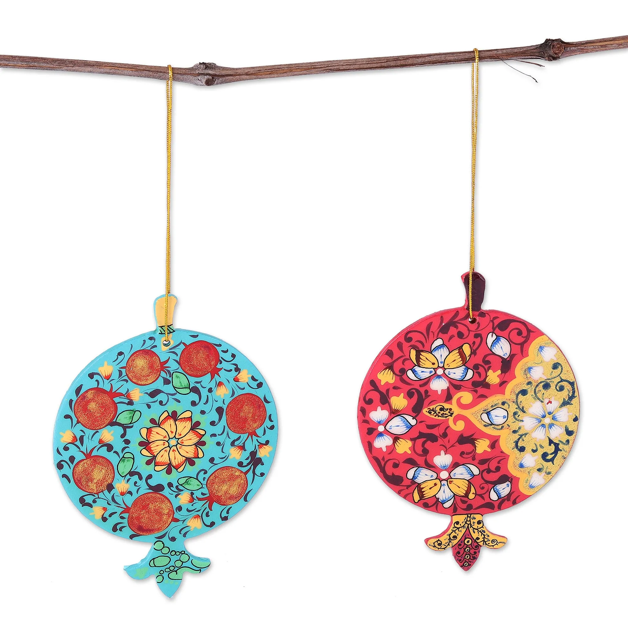 2 Lacquered Wood Pomegranate Ornaments Made in Uzbekistan - Stunning Pomegranates | NOVICA