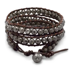 21"   1" Leather and Pyrite Wrap Fashion Bracelet