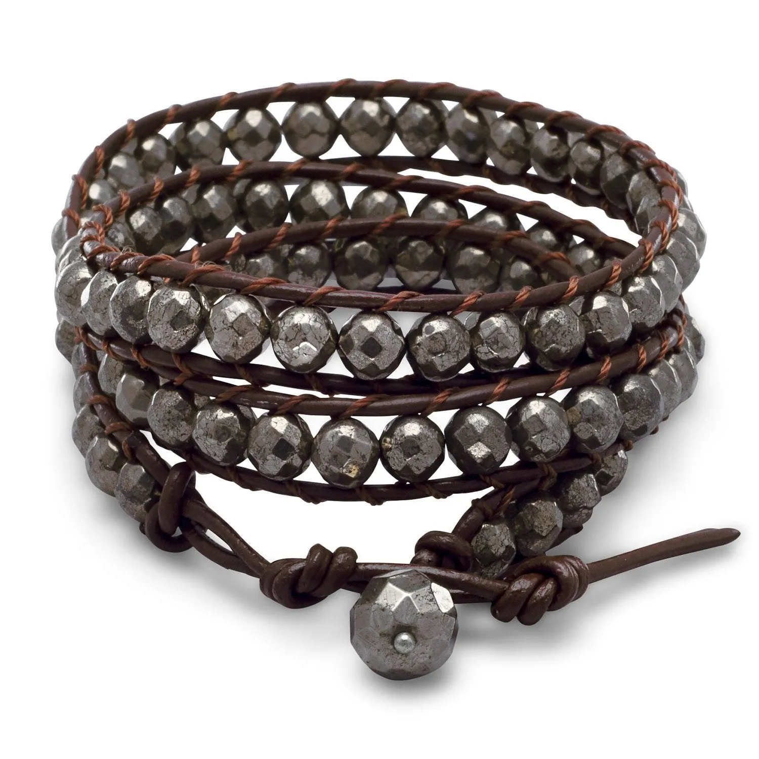 21"   1" Leather and Pyrite Wrap Fashion Bracelet