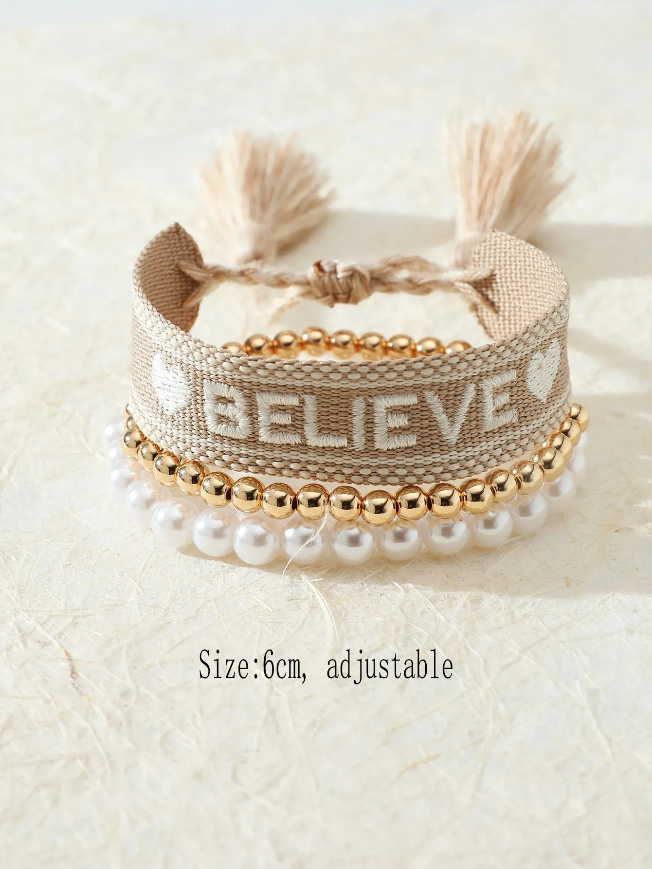 3pcs/set Faux Pearl & Tassel Decor Believe Word Bracelet Women Bracelet