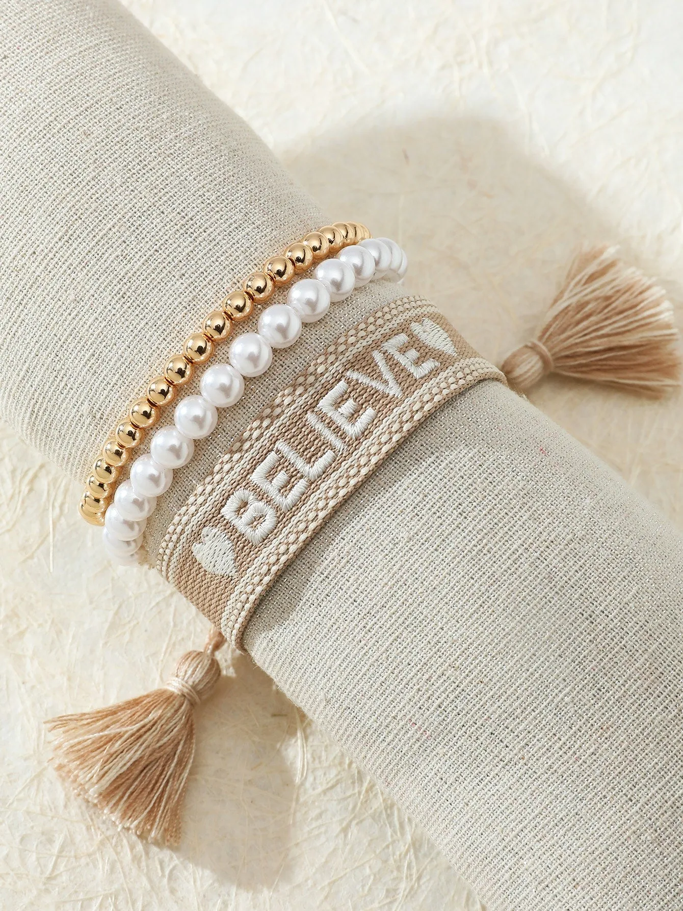 3pcs/set Faux Pearl & Tassel Decor Believe Word Bracelet Women Bracelet