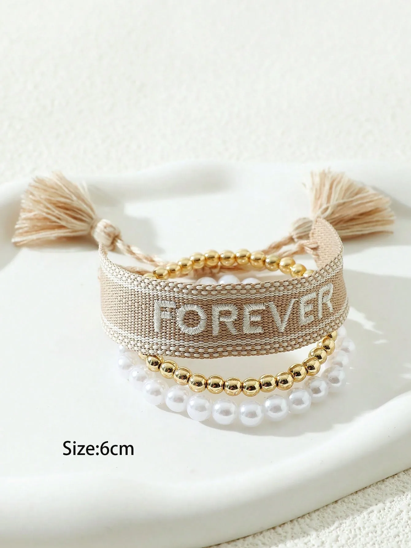 3pcs/set FOREVER Embroidered Faux Pearl & Tassel Decor Bracelet Women Bracelet