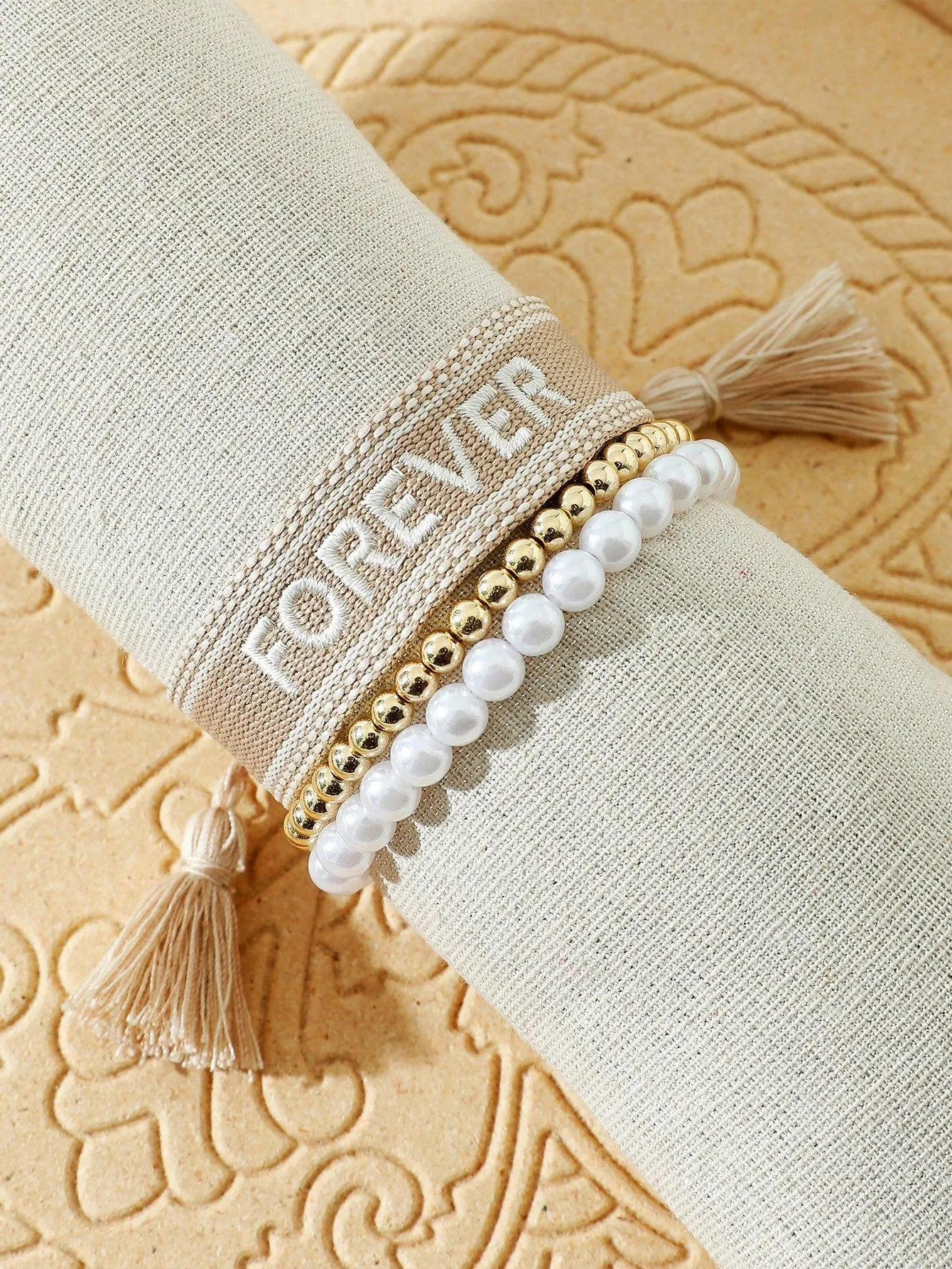 3pcs/set FOREVER Embroidered Faux Pearl & Tassel Decor Bracelet Women Bracelet