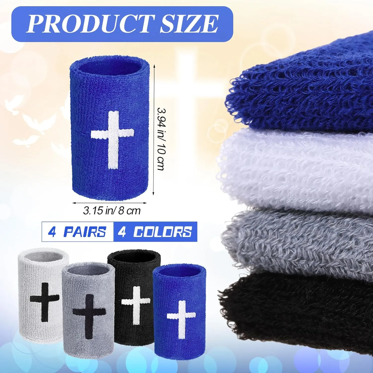 4 Sets Cross Sports Wristbands Christian Faith Inspirational Wristbands Absorbent Sweat Band Polyester Cotton Wrist Bands for Football Basketball Baseball Running Gym