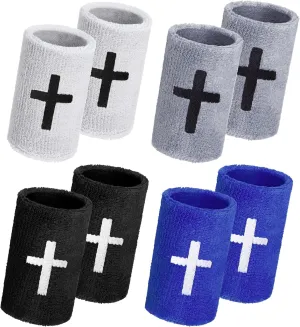 4 Sets Cross Sports Wristbands Christian Faith Inspirational Wristbands Absorbent Sweat Band Polyester Cotton Wrist Bands for Football Basketball Baseball Running Gym