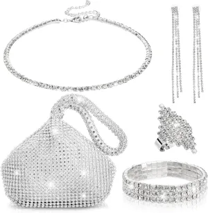 5 Pcs Rhinestone Jewelry Set, Shiny Silver Clutch Purse & Bling Necklace Earrings Bracelet Ring for Women's Wedding