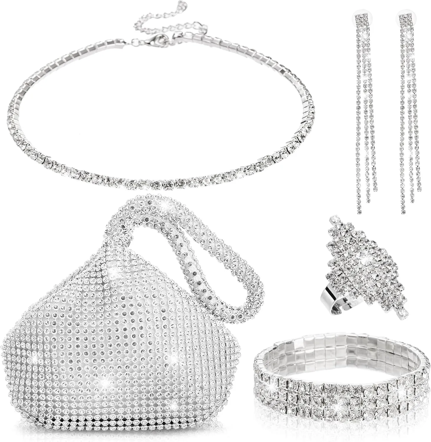 5 Pcs Rhinestone Jewelry Set, Shiny Silver Clutch Purse & Bling Necklace Earrings Bracelet Ring for Women's Wedding