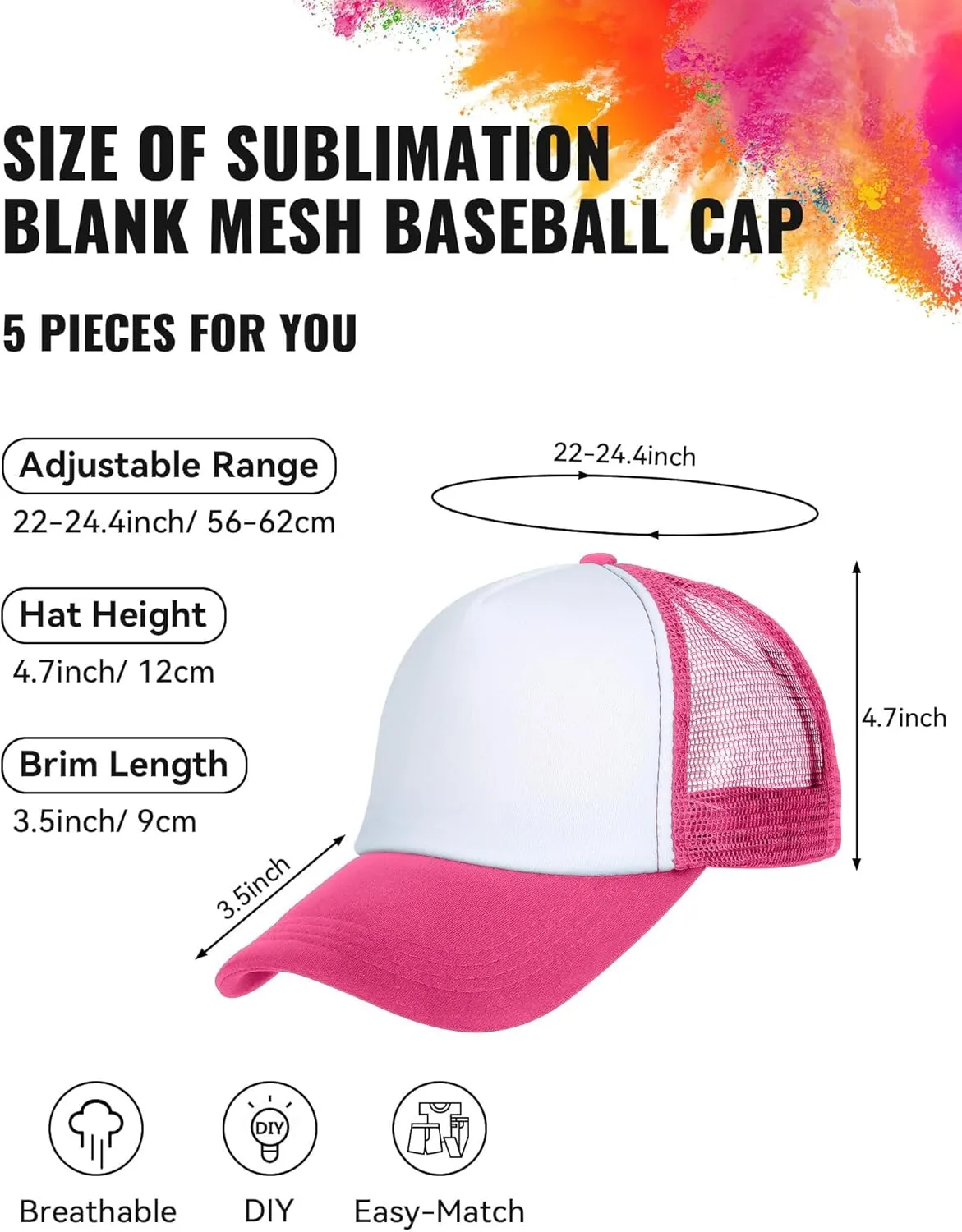 5 Pcs Sublimation Blank Trucker Hats Bulk Mesh Baseball Cap Polyester Mesh Trucker Hat Adjustable Buckle for Men Women