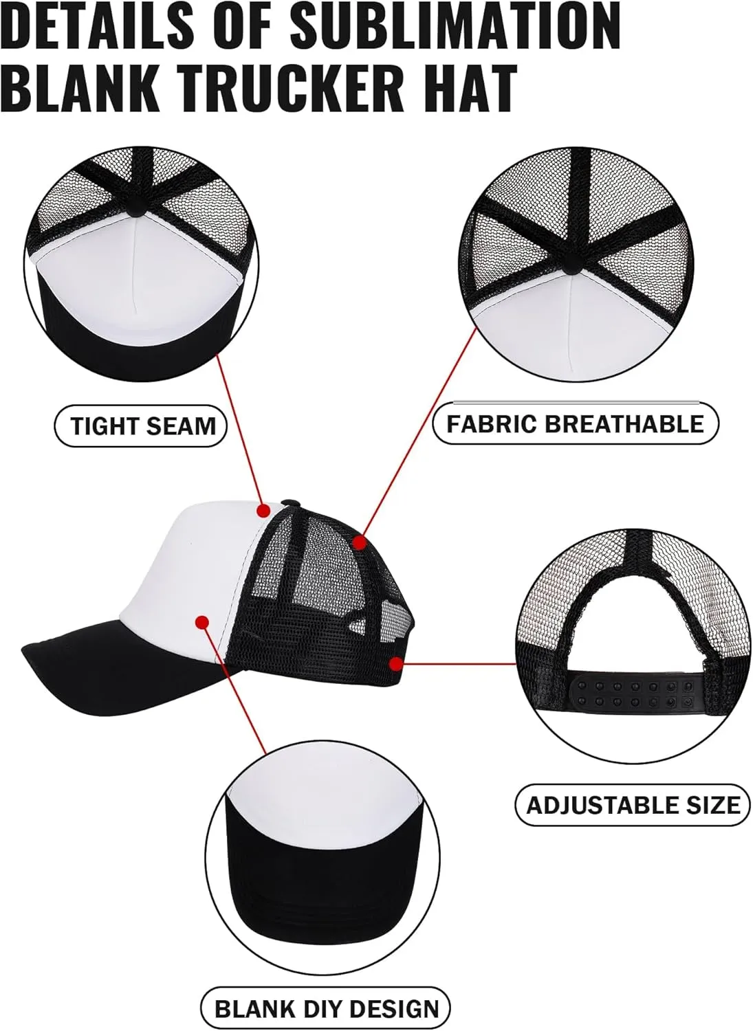 5 Pcs Sublimation Blank Trucker Hats Bulk Mesh Baseball Cap Polyester Mesh Trucker Hat Adjustable Buckle for Men Women