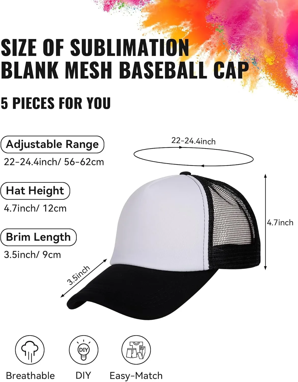 5 Pcs Sublimation Blank Trucker Hats Bulk Mesh Baseball Cap Polyester Mesh Trucker Hat Adjustable Buckle for Men Women