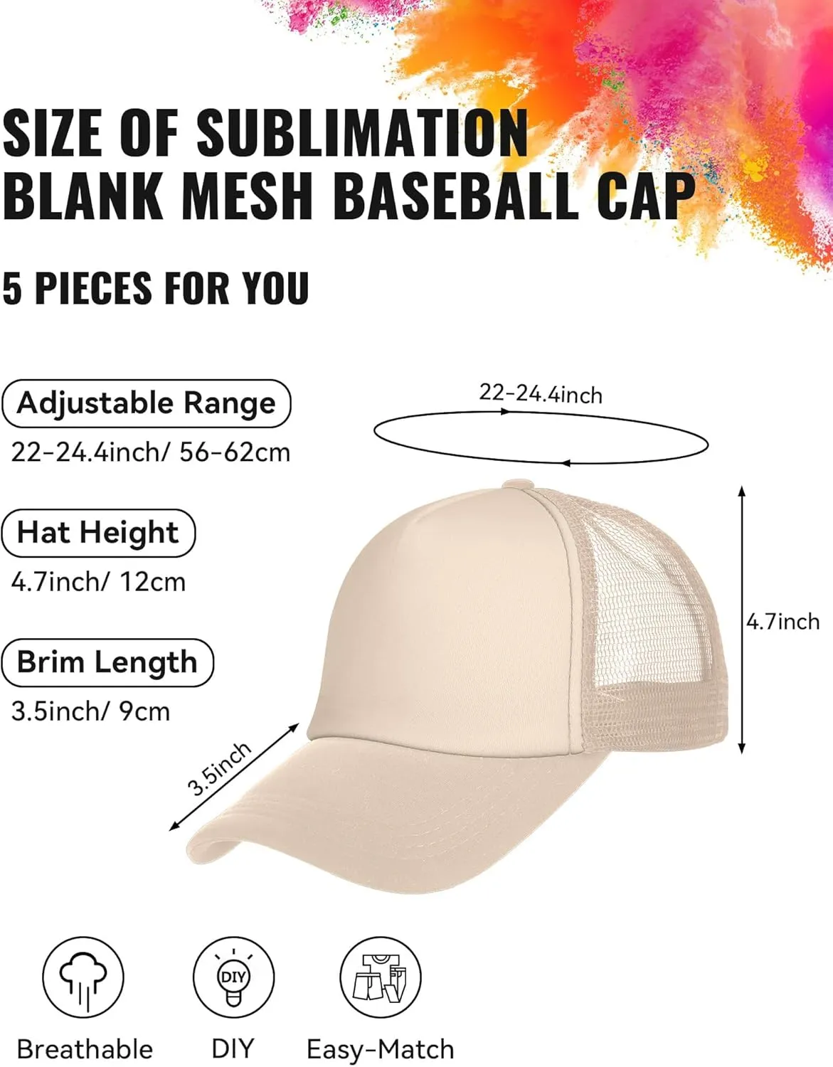 5 Pcs Sublimation Blank Trucker Hats Bulk Mesh Baseball Cap Polyester Mesh Trucker Hat Adjustable Buckle for Men Women
