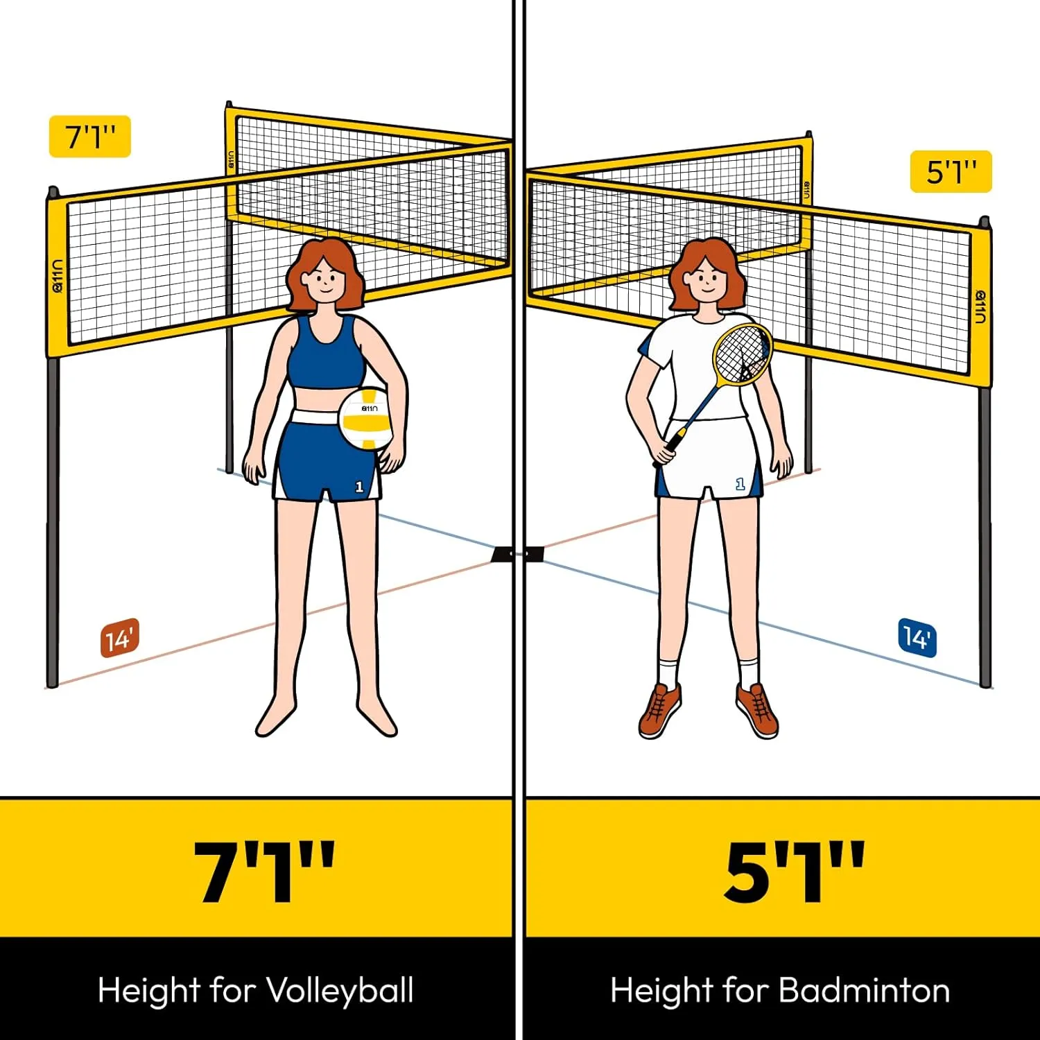 A11N 4-Way Volleyball and Badminton Net - Backyard & Beach Game Set for Adults and Kids, Red & Yellow