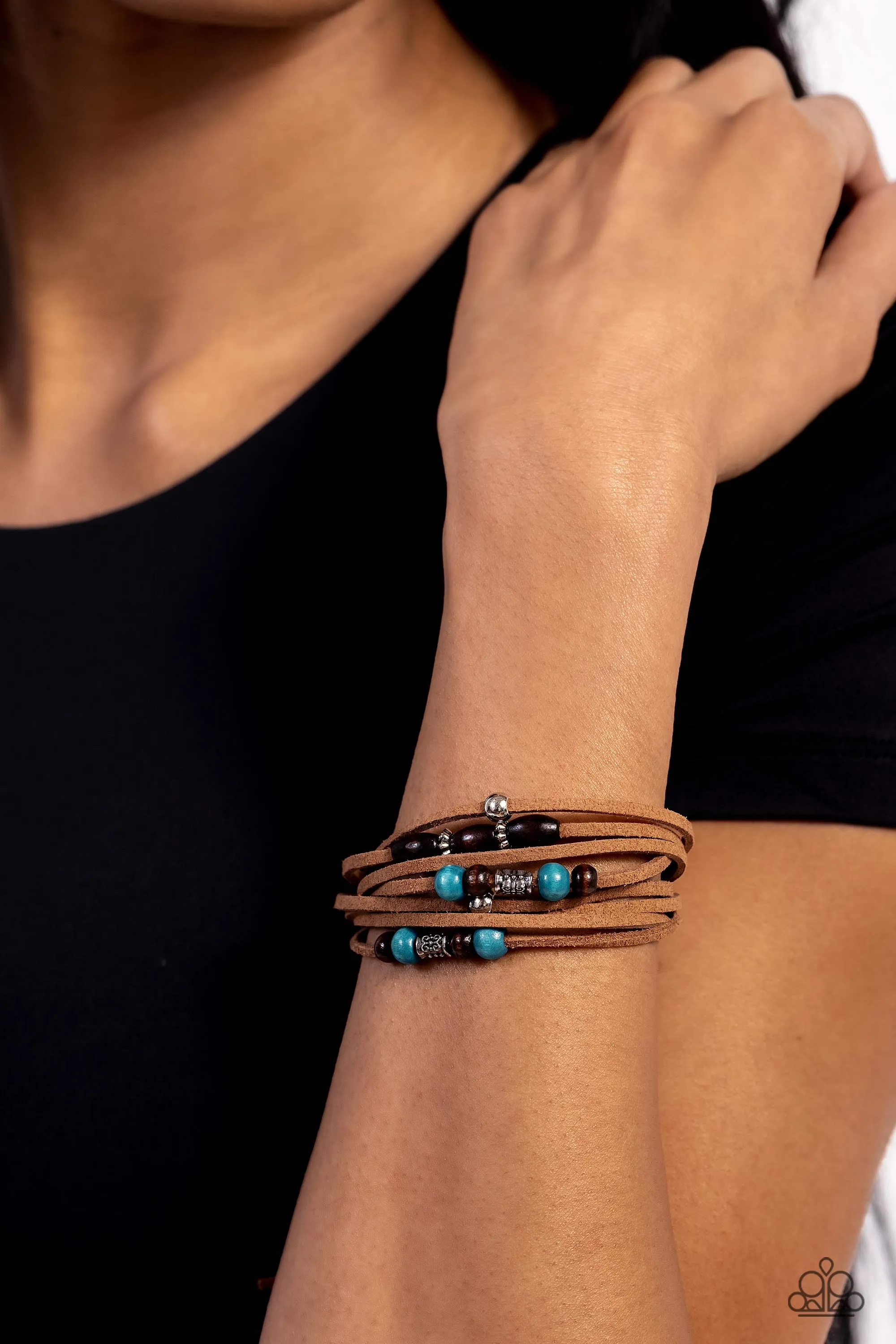 Absolutely WANDER-ful - Blue - Wooden and Silver Bead Brown Suede Paparazzi Pull-Cord Bracelet