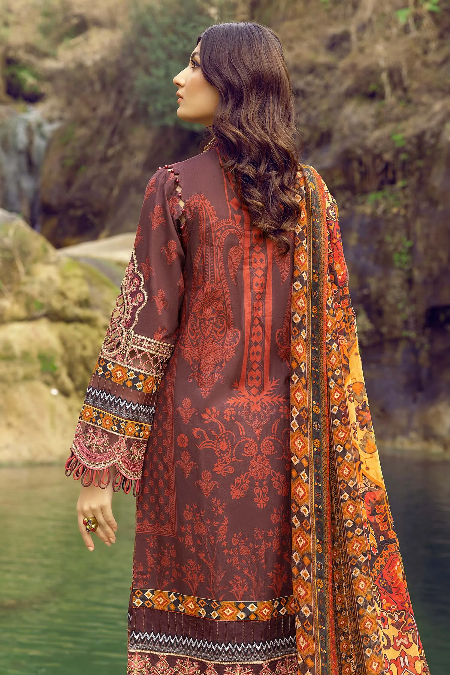 Adan's Libas Wadi-e-Soan Lawn Collection Garnet Dazzle Brown -10