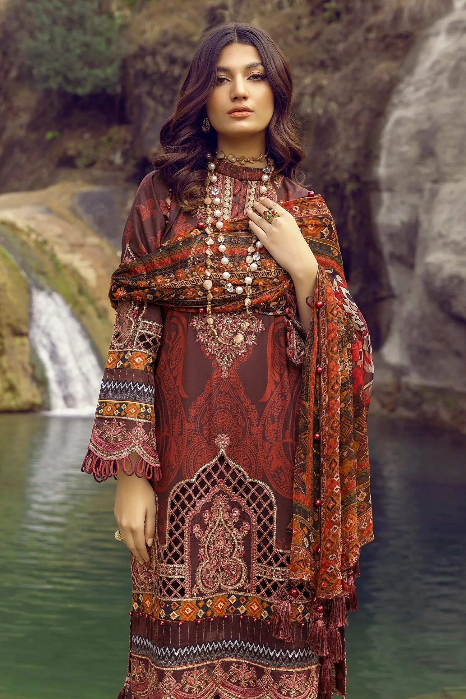 Adan's Libas Wadi-e-Soan Lawn Collection Garnet Dazzle Brown -10