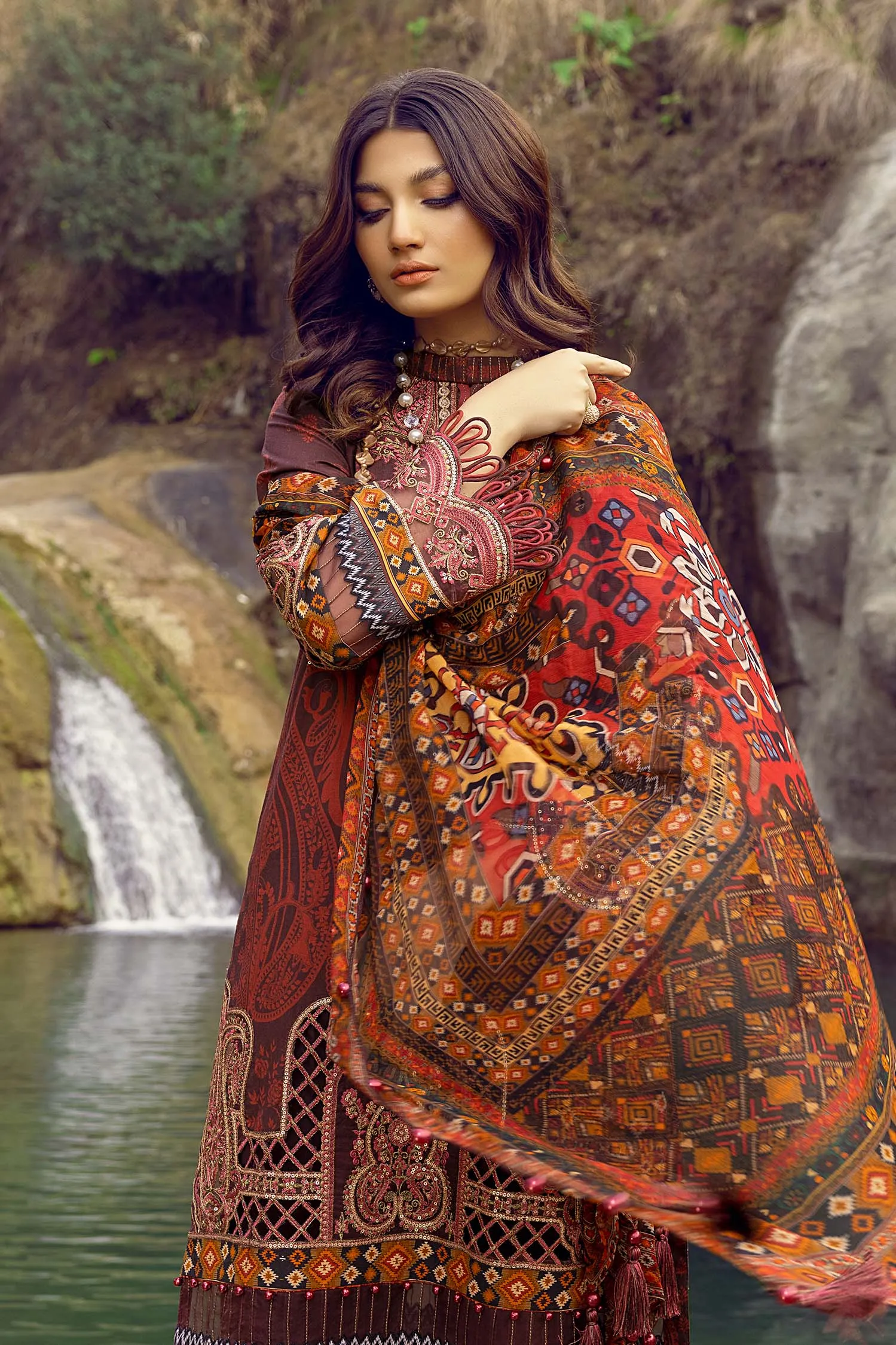 Adan's Libas Wadi-e-Soan Lawn Collection Garnet Dazzle Brown -10