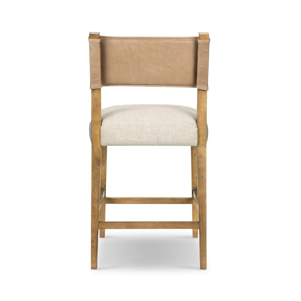 Beige Leather Back Counter Height Bar Stool with Performance Fabric Seat Cushion