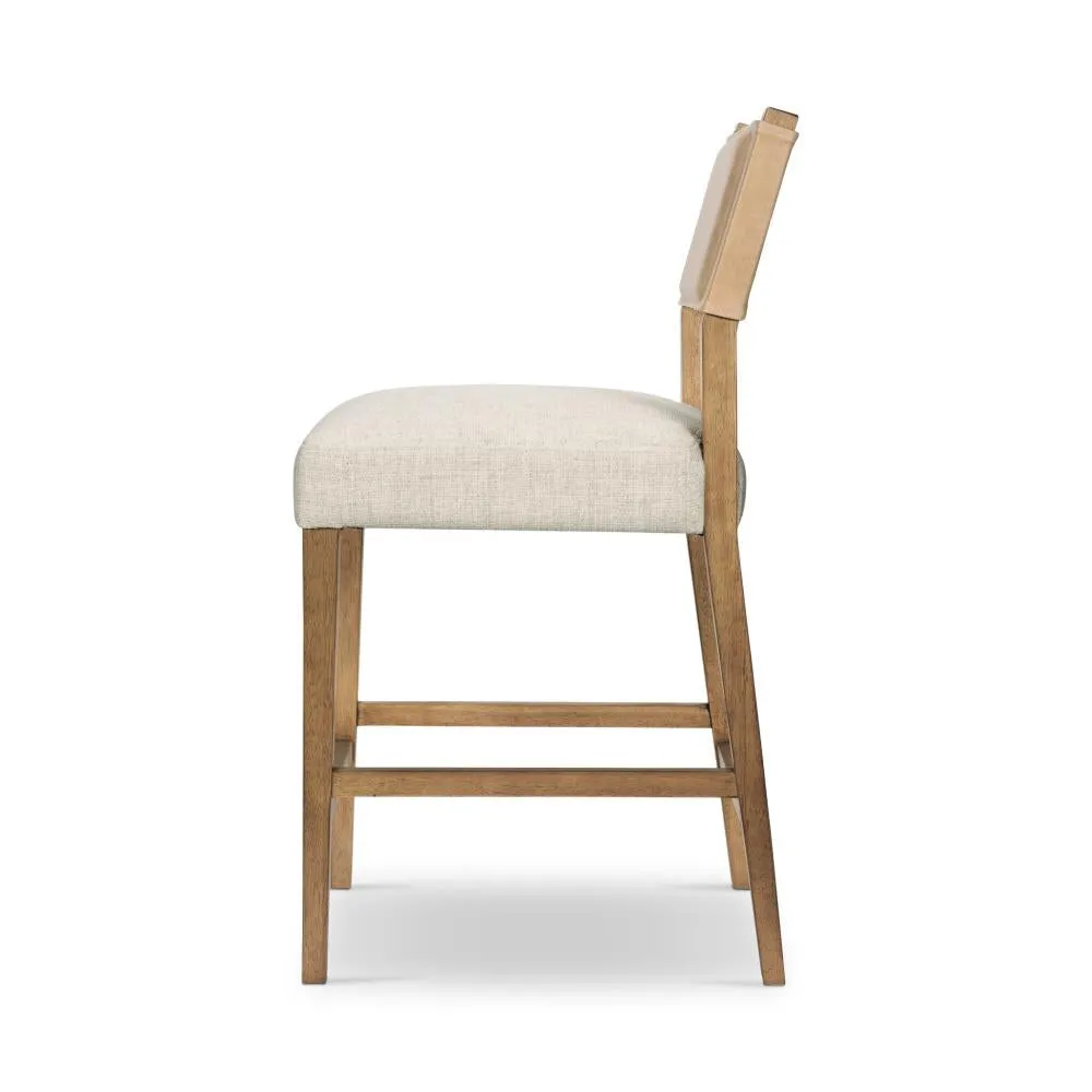 Beige Leather Back Counter Height Bar Stool with Performance Fabric Seat Cushion