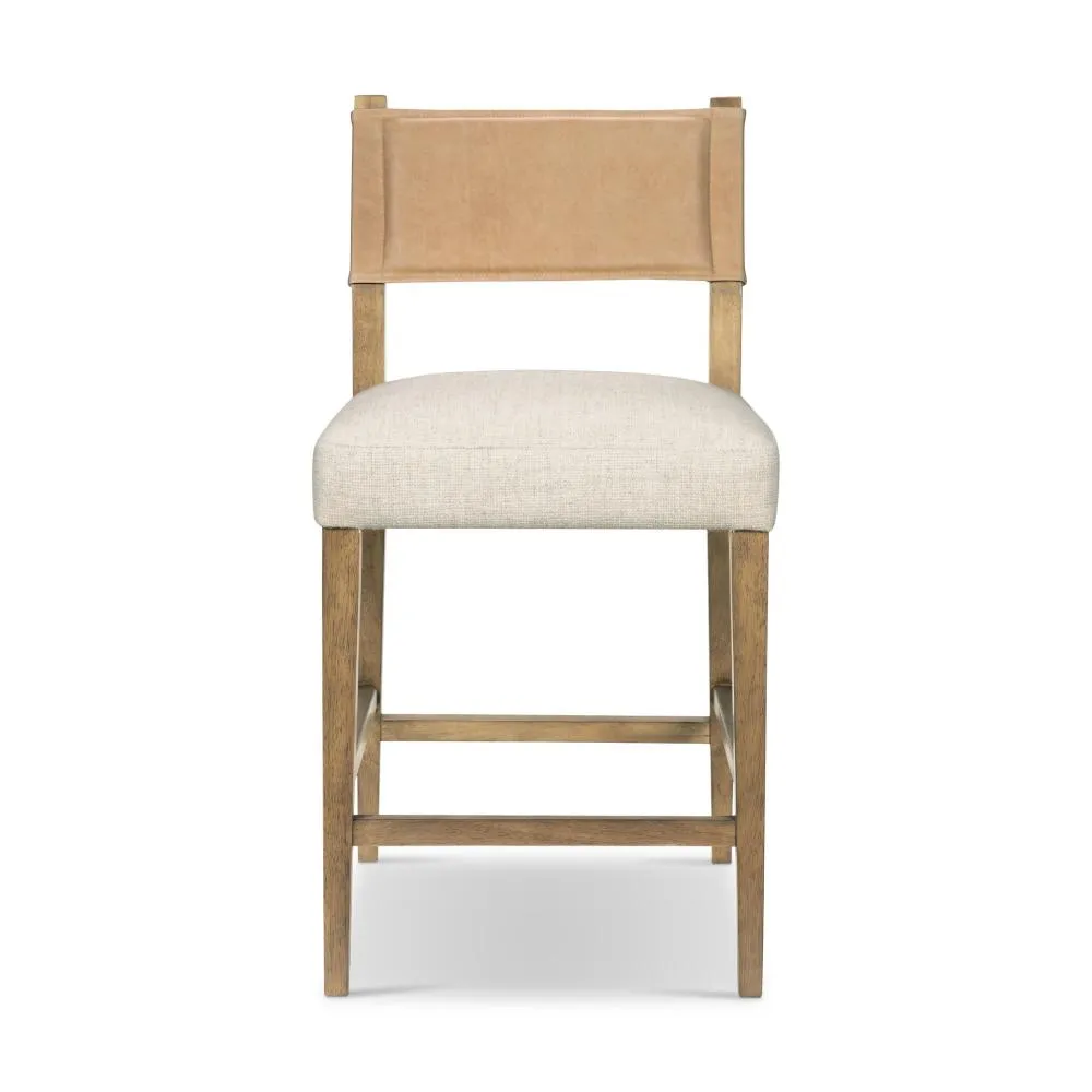 Beige Leather Back Counter Height Bar Stool with Performance Fabric Seat Cushion