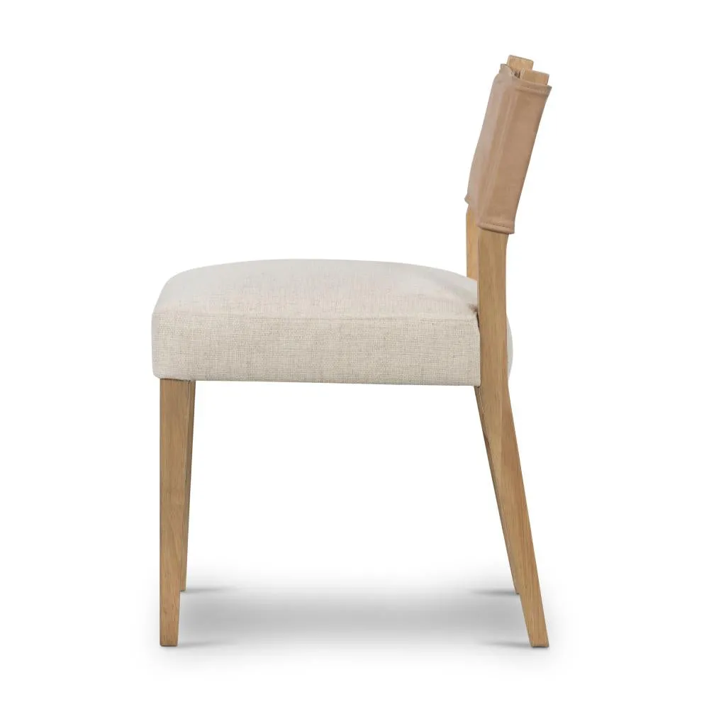 Beige Leather Back Dining Chair with Performance Fabric Seat Cushion