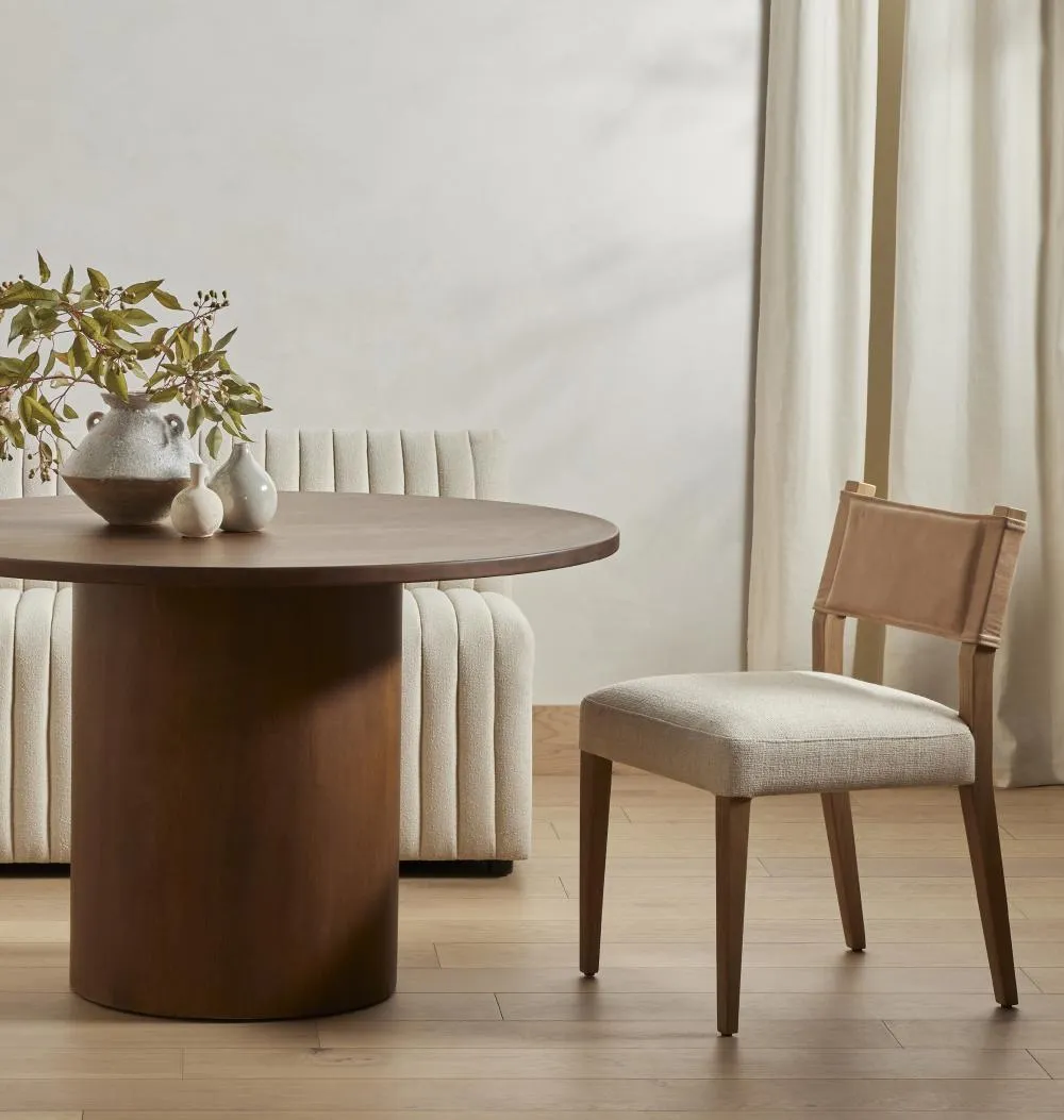 Beige Leather Back Dining Chair with Performance Fabric Seat Cushion
