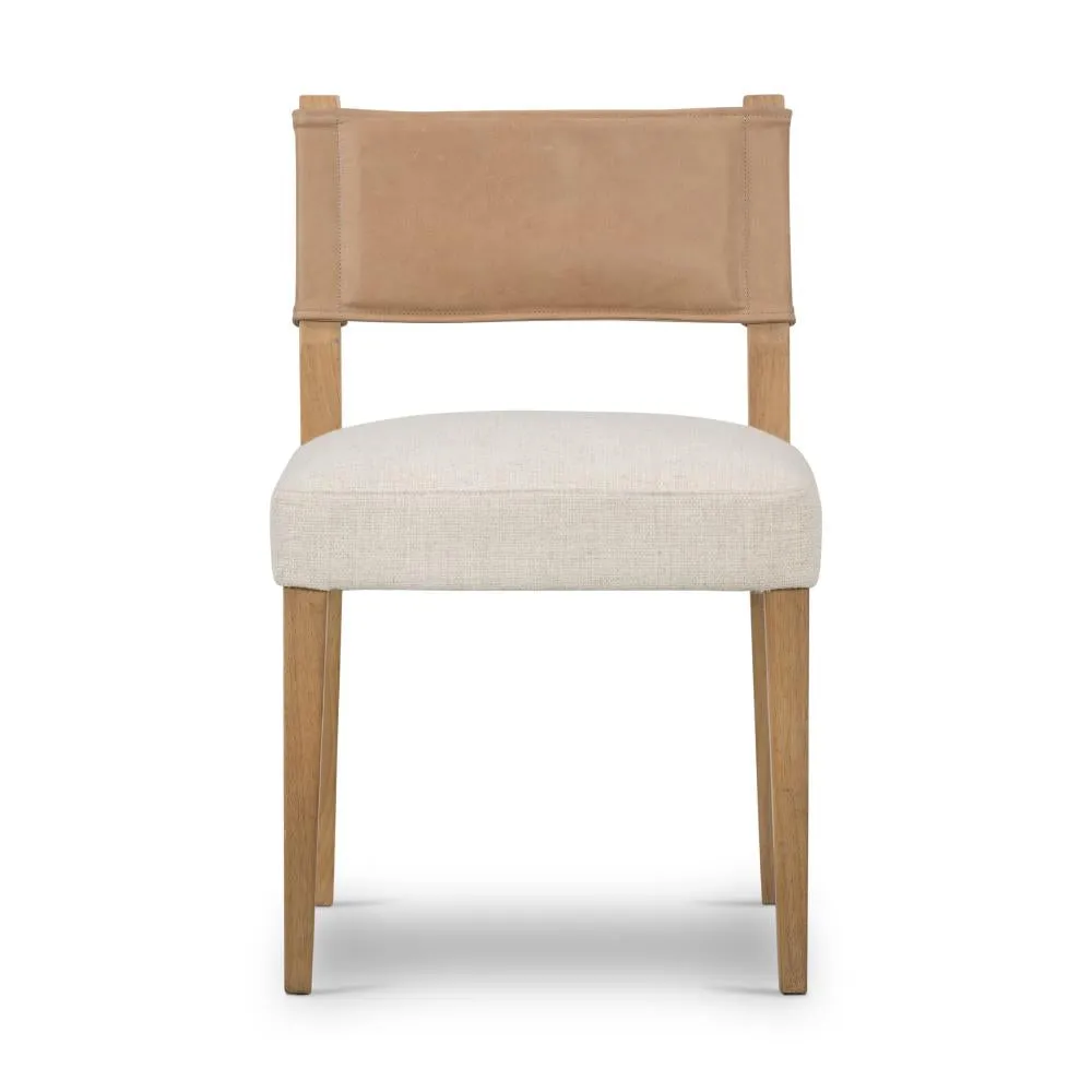 Beige Leather Back Dining Chair with Performance Fabric Seat Cushion