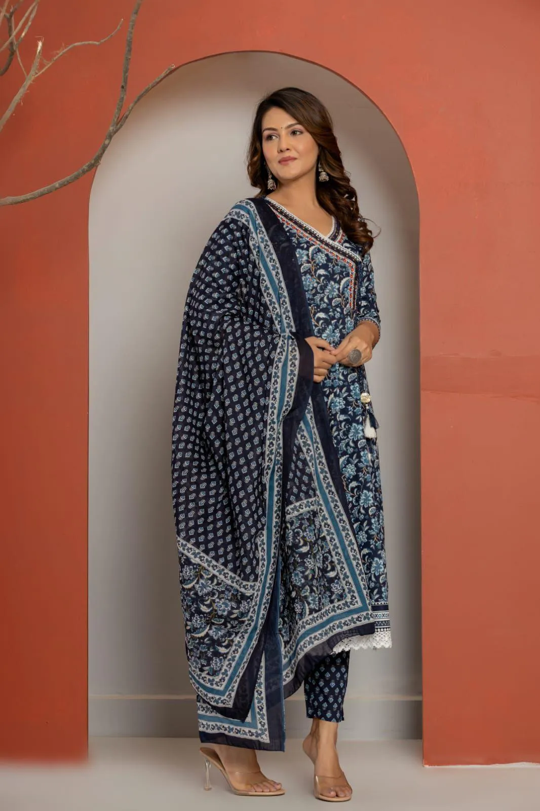 Blue Cotton Angrakha Style Kurti Set with Mirror & Lace Work - Indian Formal Wear
