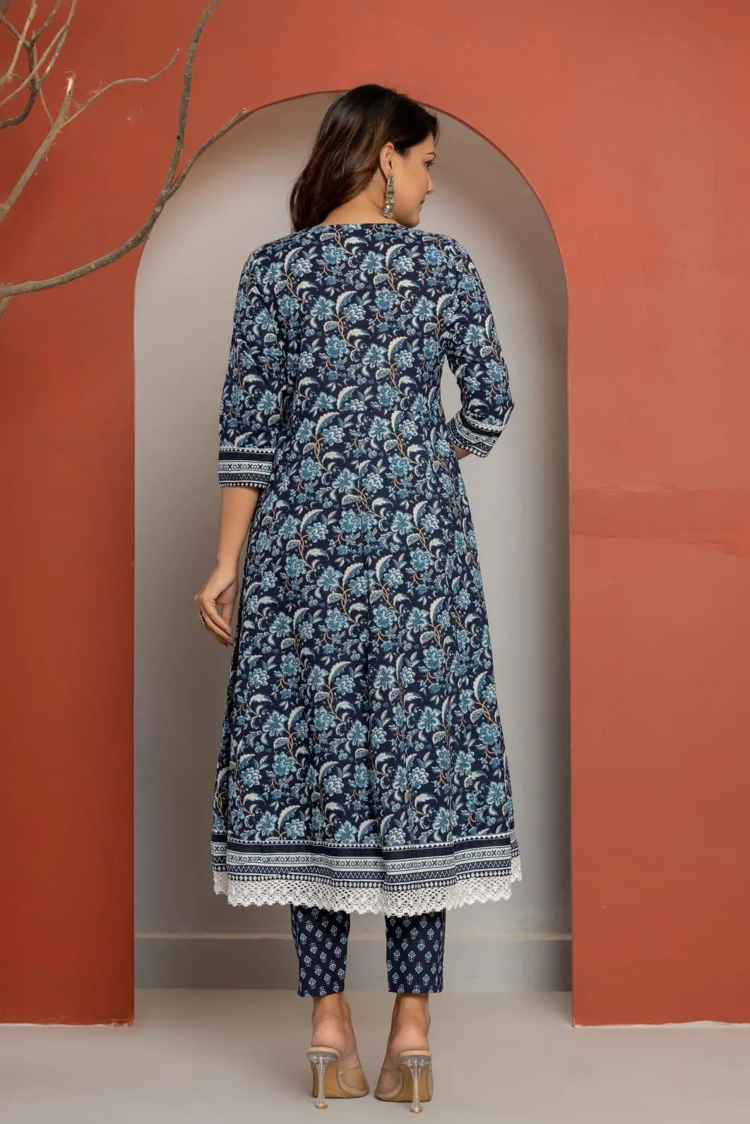 Blue Cotton Angrakha Style Kurti Set with Mirror & Lace Work - Indian Formal Wear