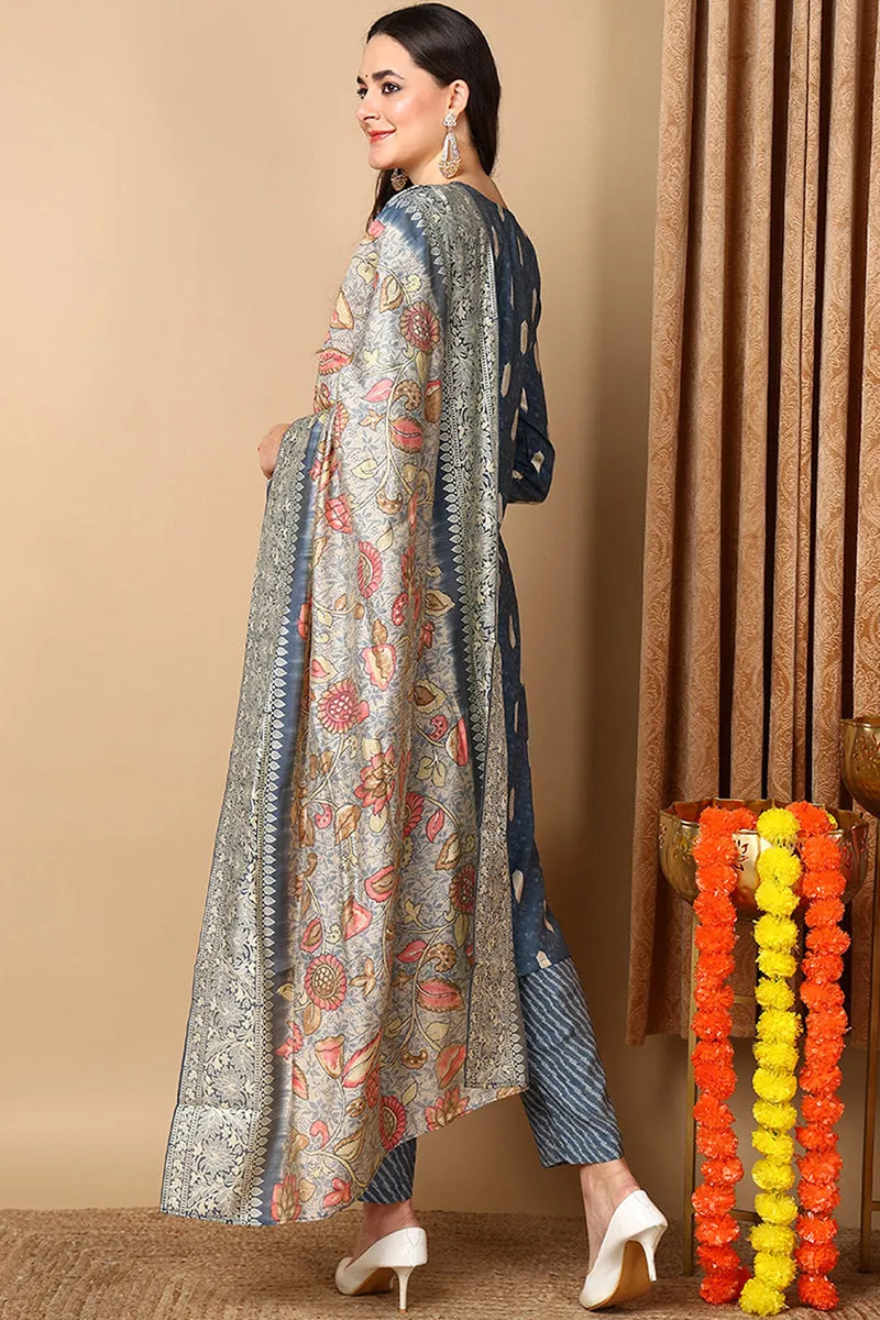 Blue Silk Blend Ethnic Motifs Embroidered Straight Suit Set