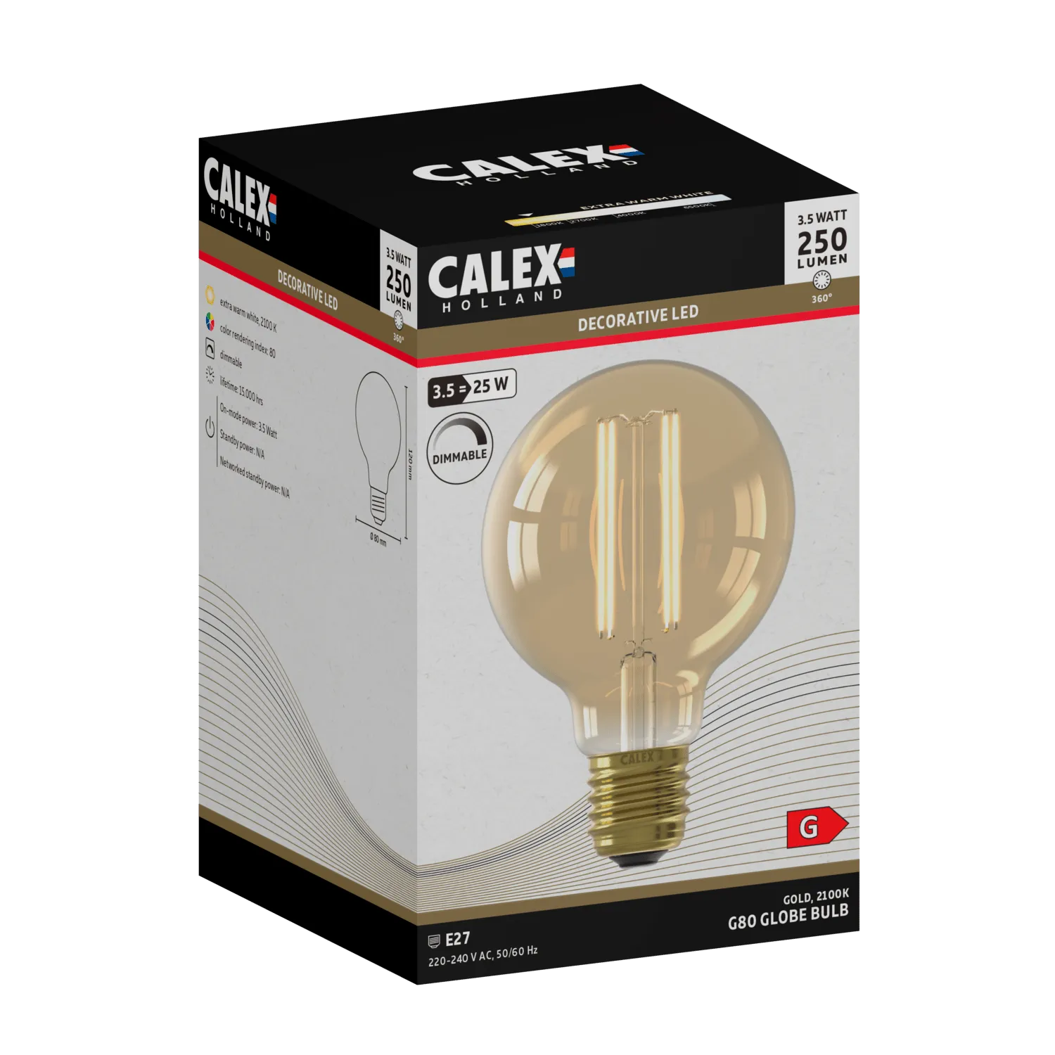 Calex Warm Filament LED Lamp - E27 - G80 - Gold - 3.5W - Dimmable