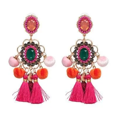 Colorful Drop Hairball Pompom Handmade Tassel Dangle Bohemian Big Earrings