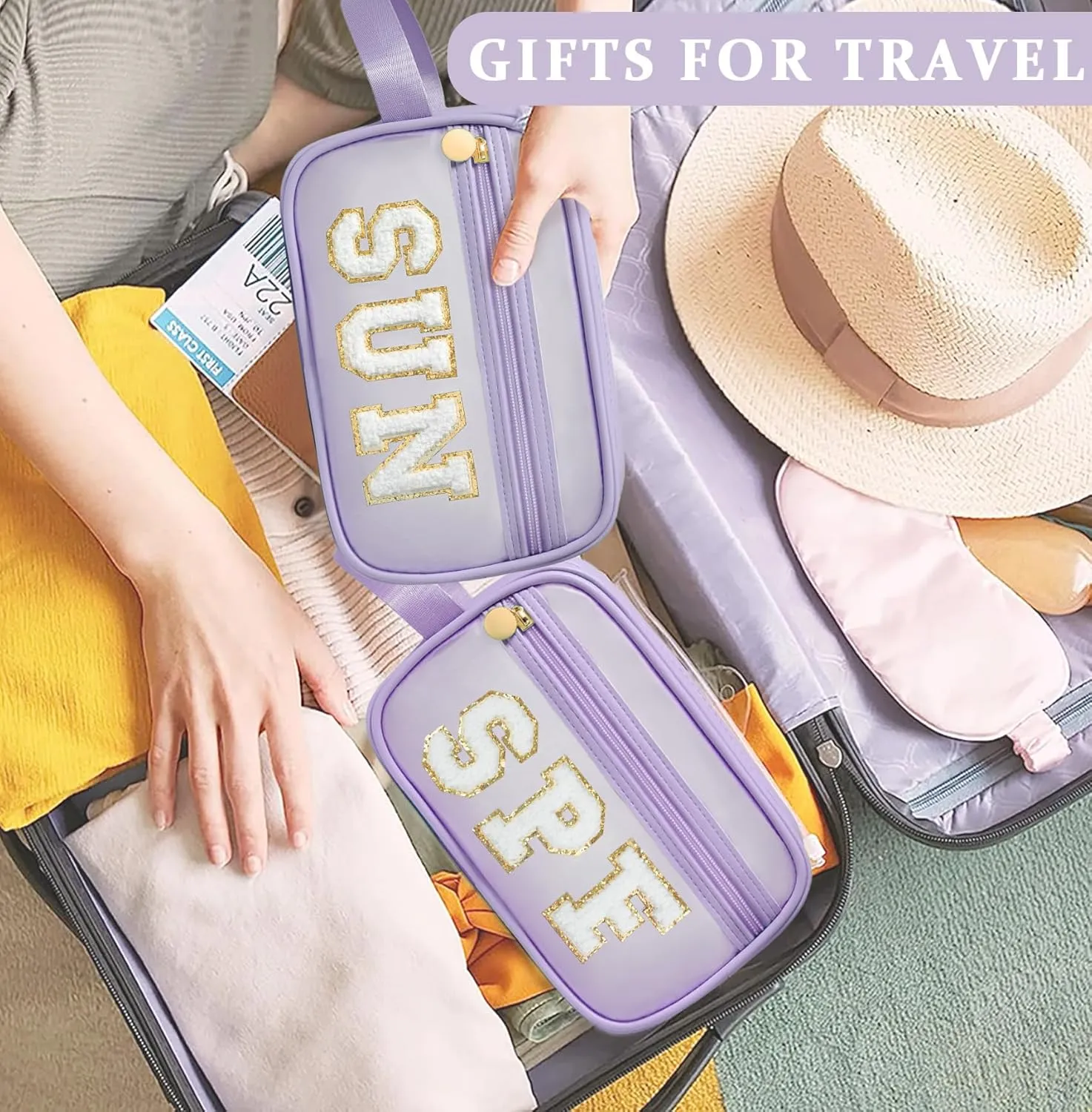 COSHAYSOO Clear Sunscreen Bag Makeup Toiletries Pouch Beach Vacation Essentials Summer Travel Stuff Accessories Personalized Graduation Gifts for Her Women College Teen Girls Teacher Nurse Purple SPF