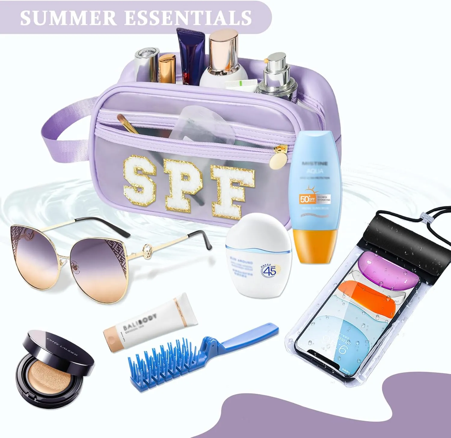 COSHAYSOO Clear Sunscreen Bag Makeup Toiletries Pouch Beach Vacation Essentials Summer Travel Stuff Accessories Personalized Graduation Gifts for Her Women College Teen Girls Teacher Nurse Purple SPF