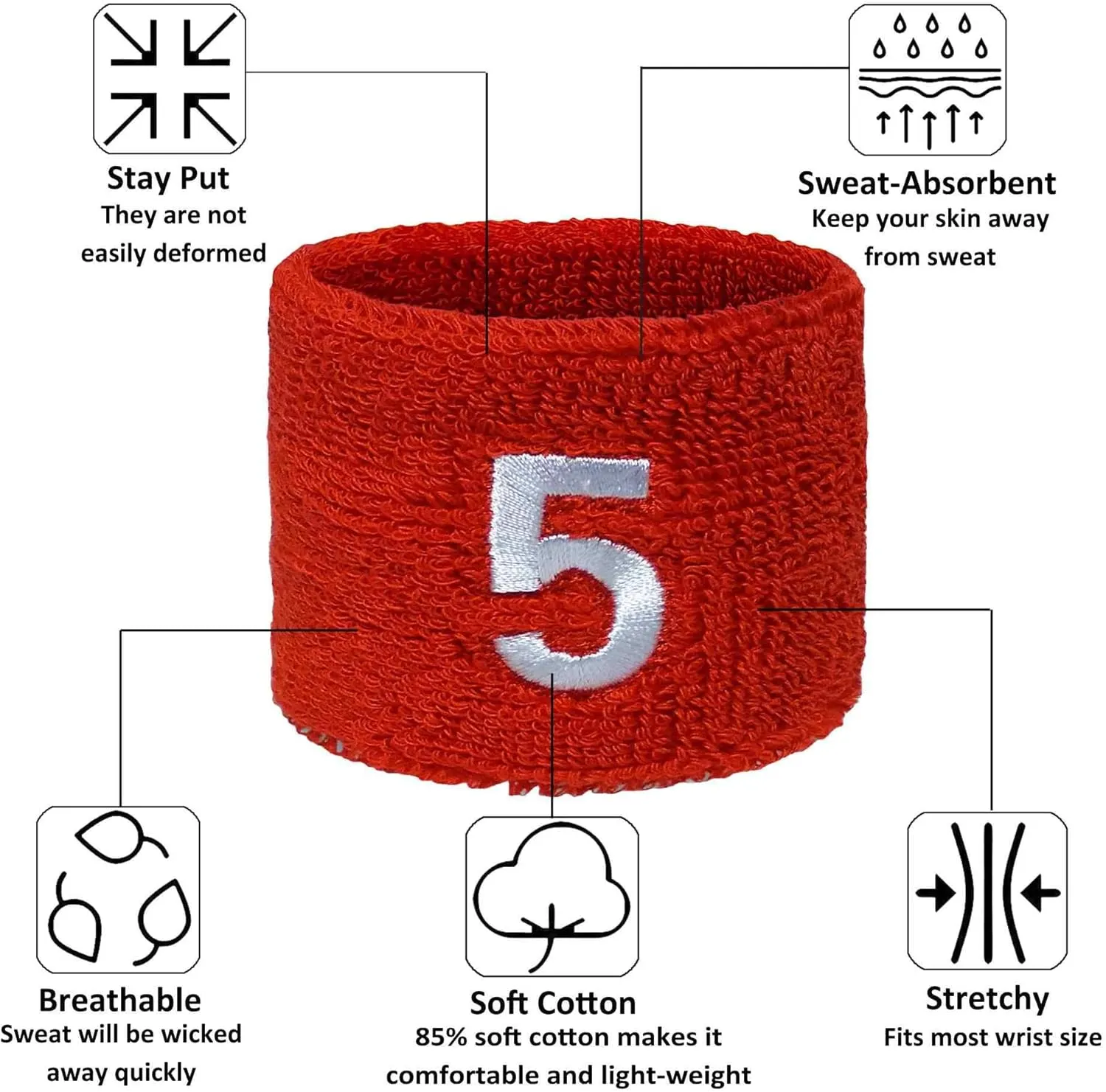 Couver Unisex Red Sports/Athletic with Number Embroidery Sweat Wristband, One Size, 1 Piece