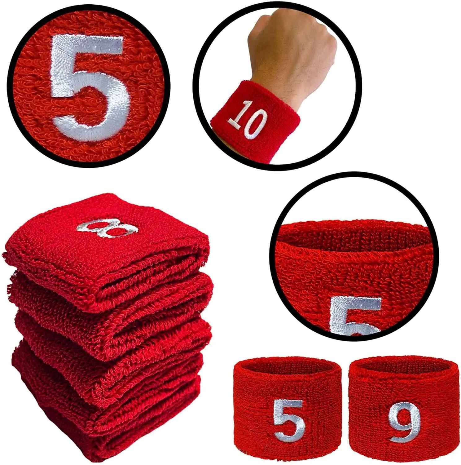 Couver Unisex Red Sports/Athletic with Number Embroidery Sweat Wristband, One Size, 1 Piece