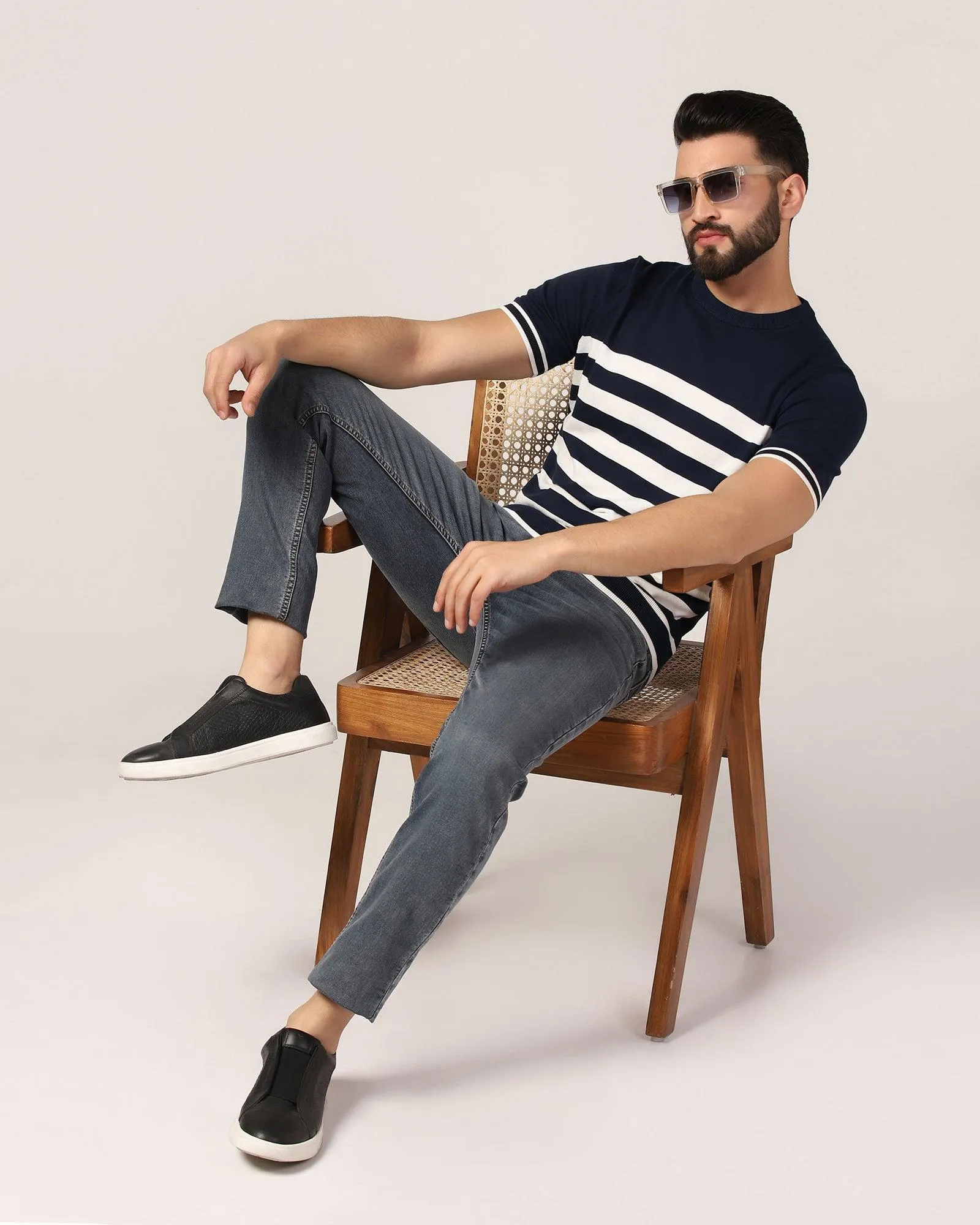 Crew Neck Navy Stripe T-Shirt - Rew