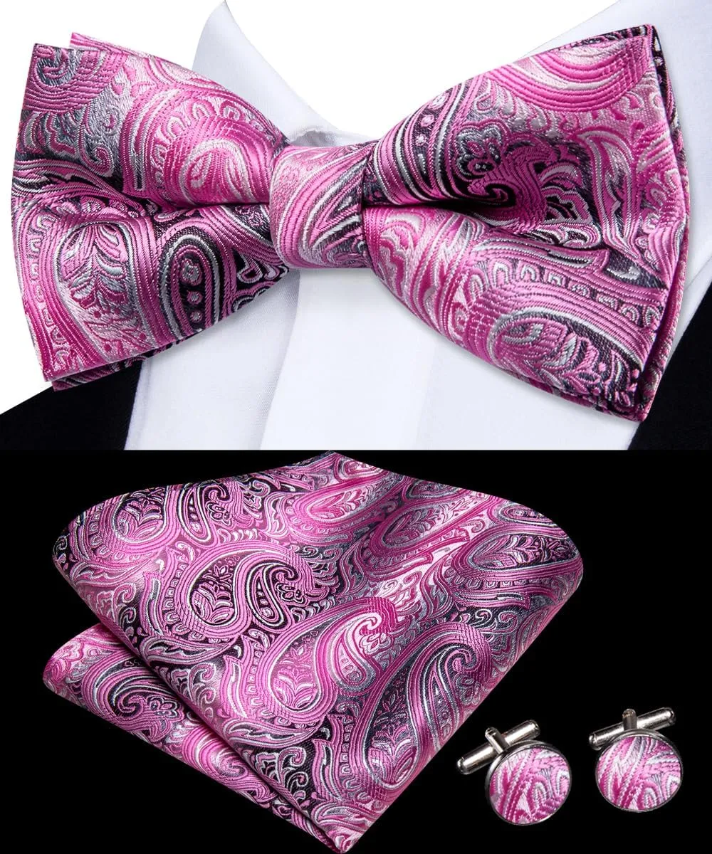 Dubulle Mens Paisley Striped Bowtie Set Pre-tied Bowtie for Men and Pocket Square Set Wedding Business