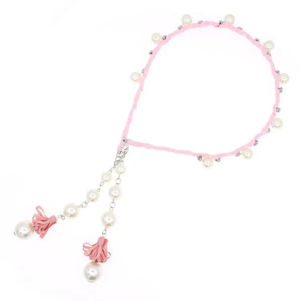 Fabric Wrapped Hair Band Headband with Glass Pearls Rhinestones and Earring-like Tassels Pink