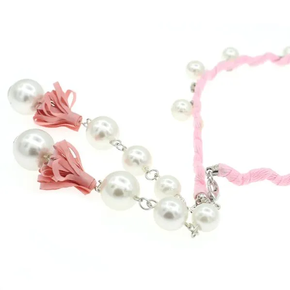 Fabric Wrapped Hair Band Headband with Glass Pearls Rhinestones and Earring-like Tassels Pink