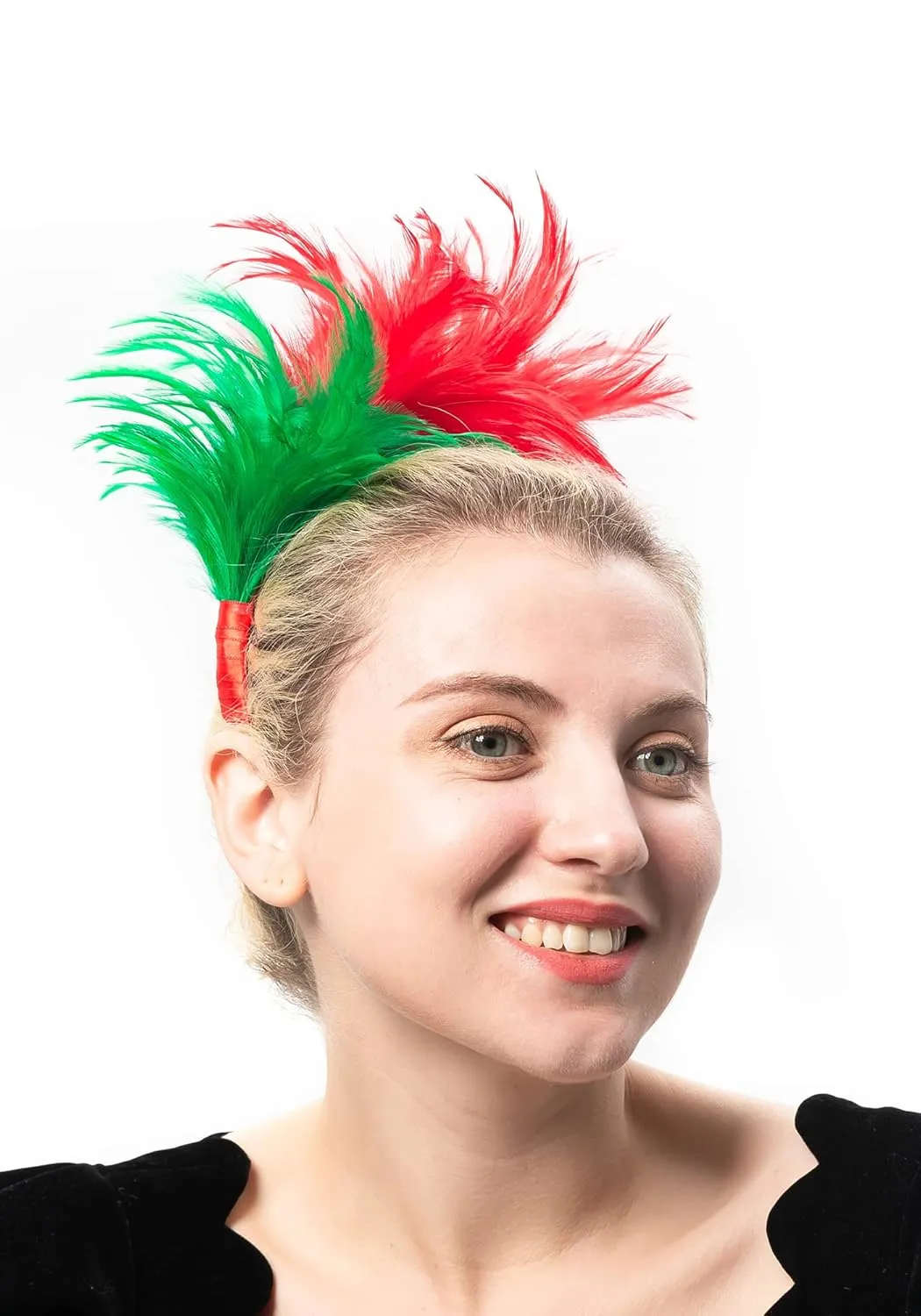 FELIZHOUSE 1920s Fascinator with Feathers Christmas Headband for Women Wedding Tea Party Headwear (Red Green)