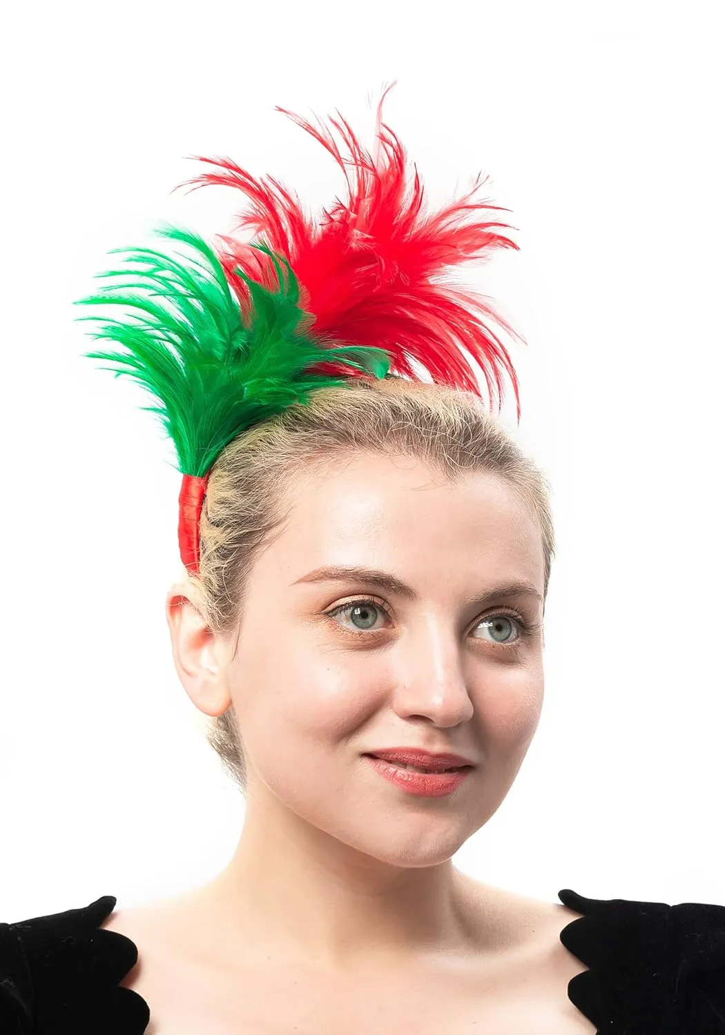 FELIZHOUSE 1920s Fascinator with Feathers Christmas Headband for Women Wedding Tea Party Headwear (Red Green)