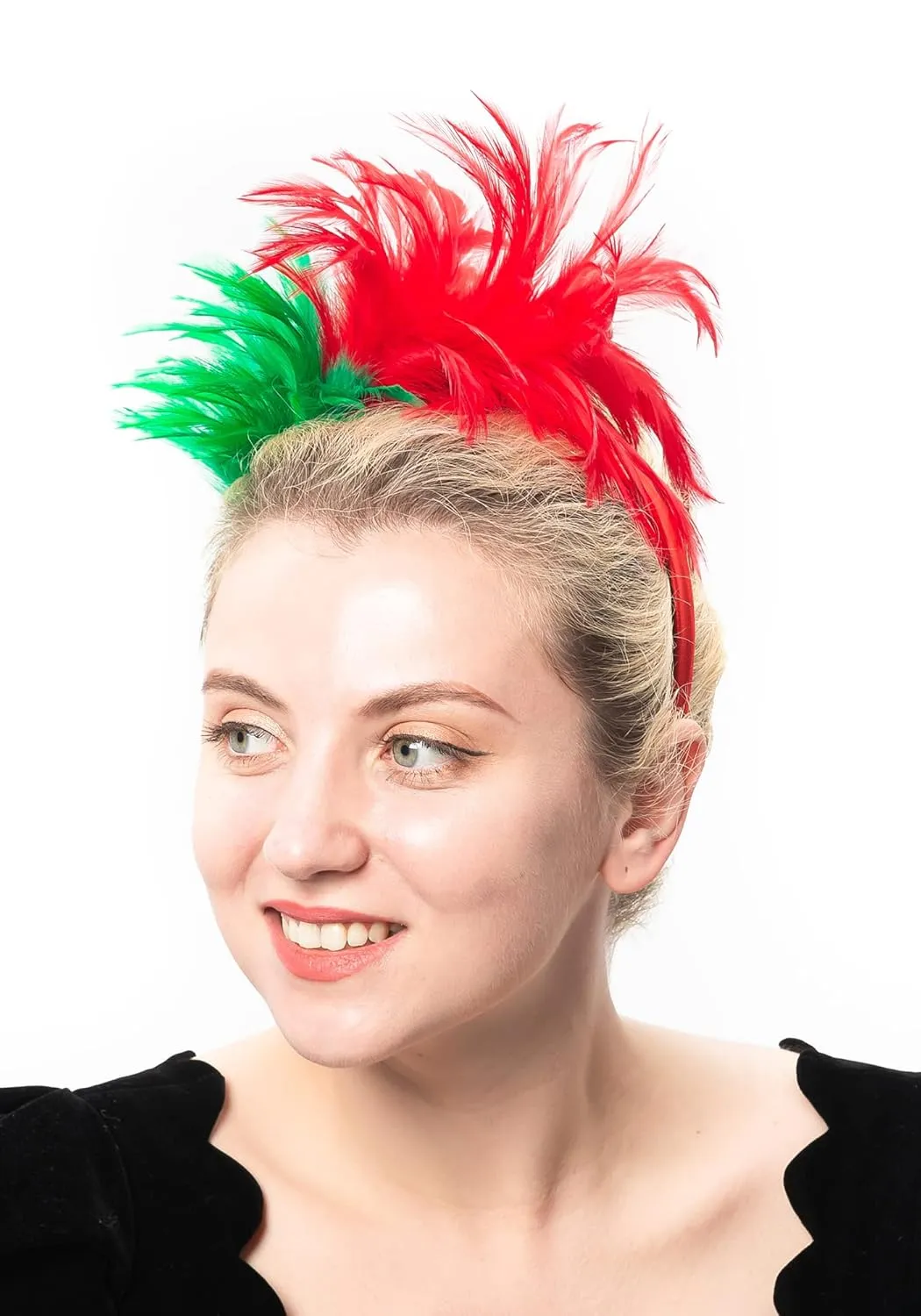 FELIZHOUSE 1920s Fascinator with Feathers Christmas Headband for Women Wedding Tea Party Headwear (Red Green)