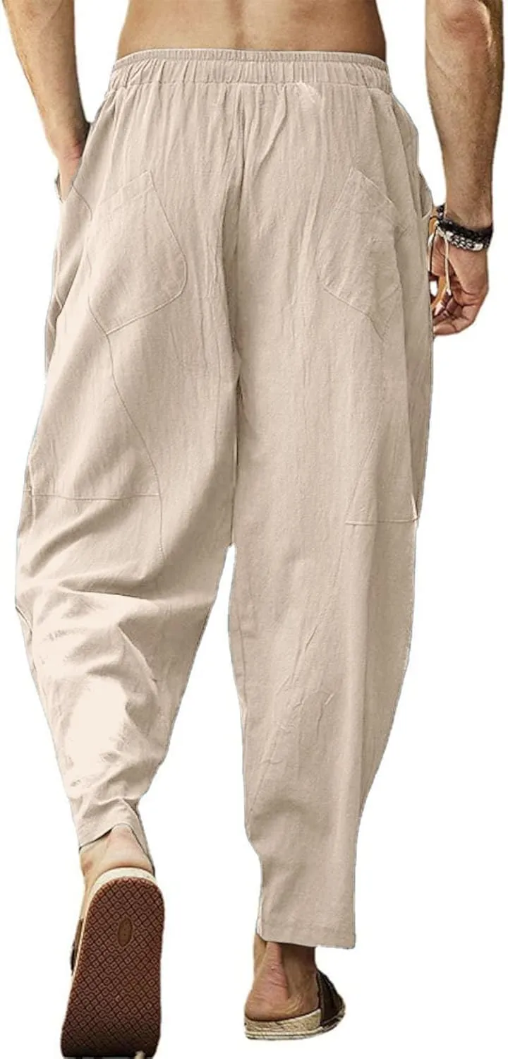 Gafeng Mens Linen Harem Pants Casual Loose Fit Beach Drawstring Elastic Waist Yoga Trousers with Pockets