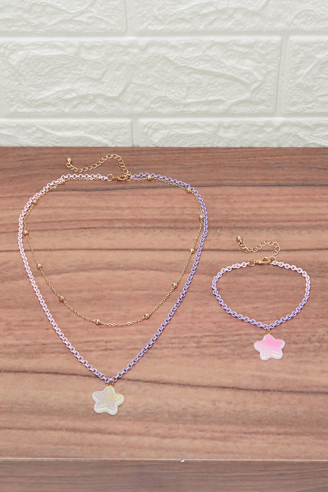 Girls Gold And Purple Embellished Necklace & Bracelet Set (2 Piece)