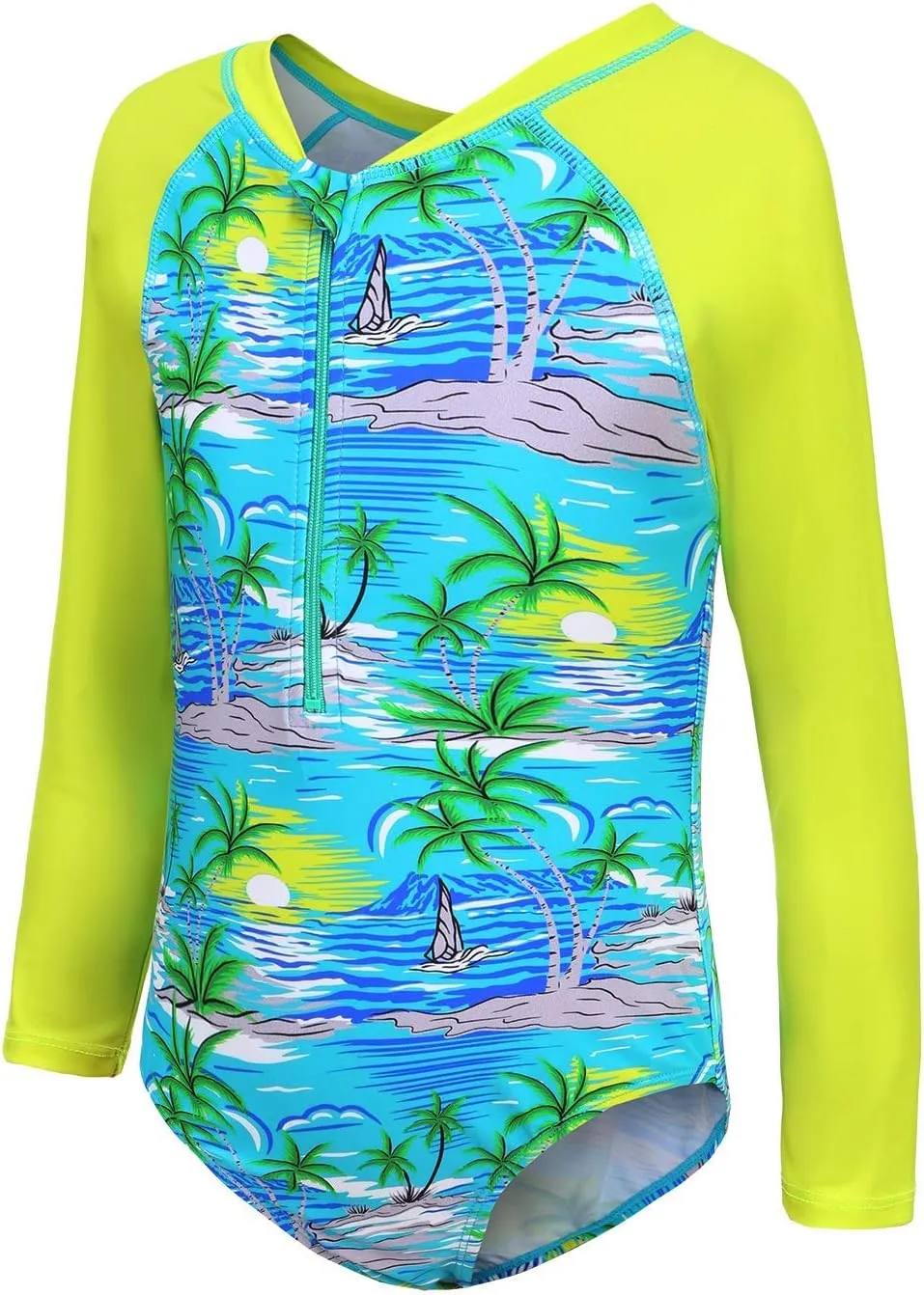 Girls Long Sleeve Rash Guard One Piece Swimsuit Kids UPF 50  Sun Protection Swimwear Rainbow Striped Bathing Suit 3-14 Years
