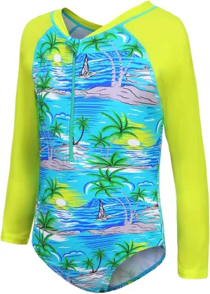 Girls Long Sleeve Rash Guard One Piece Swimsuit Kids UPF 50  Sun Protection Swimwear Rainbow Striped Bathing Suit 3-14 Years