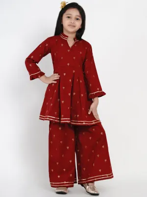 Girls Maroon Ethnic Motifs Embroidered Kurti with Palazzos