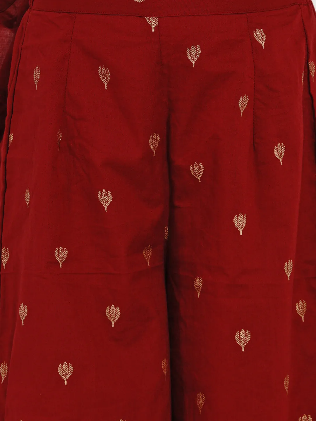 Girls Maroon Ethnic Motifs Embroidered Kurti with Palazzos